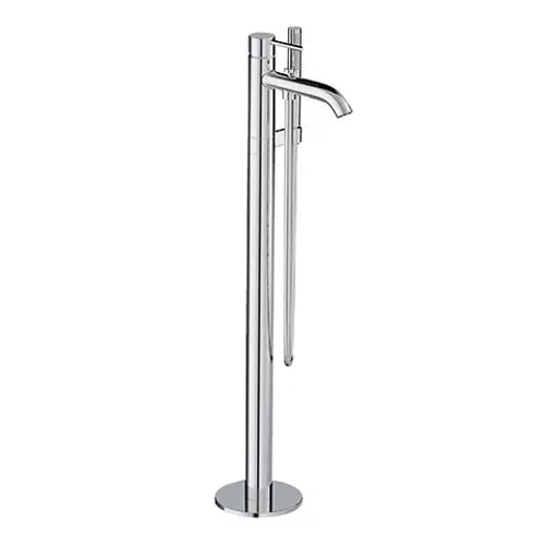 Kromfarbener Standmischer von Kludi für Wannenfüllung und Brause, mit einem schlanken, vertikalen Design und einem seitlichen Handgriff zur Steuerung des Wassers.